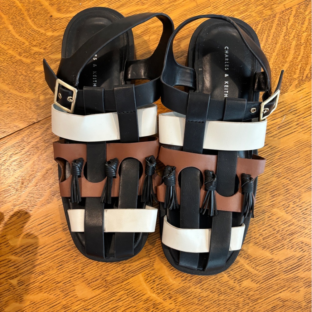 Charles & Keith Black, Brown, and Cream Sandals